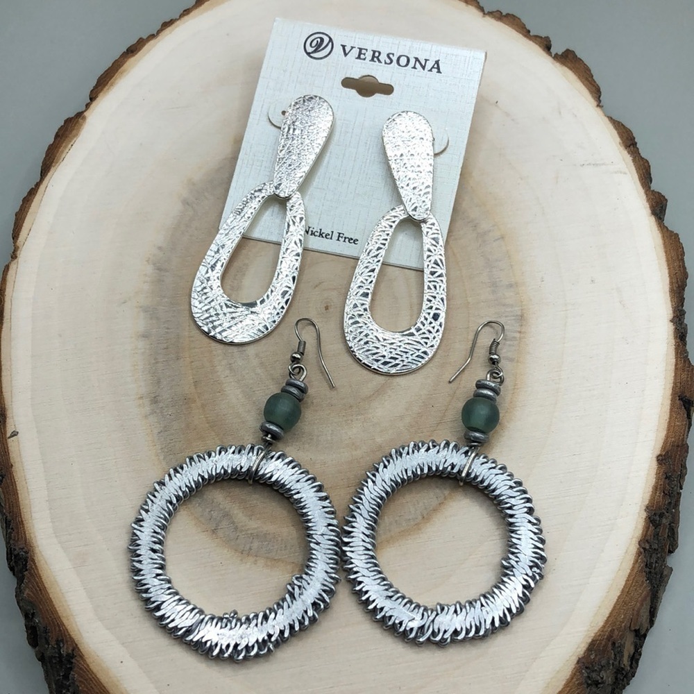 Bundle lot 2 statement style long earrings textured look dangle drop silver tone